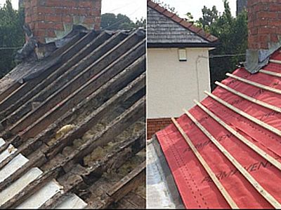 Roof covering removed and new roofing membrane and battens installed
